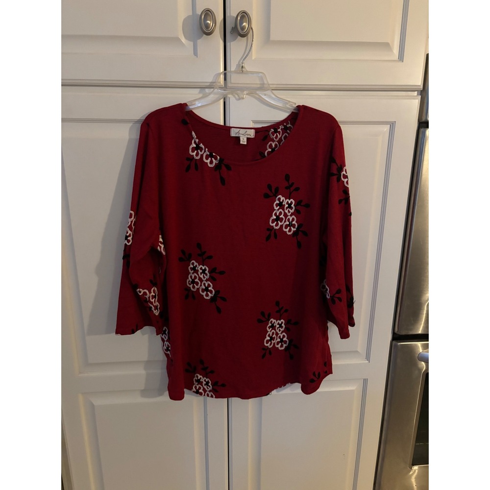 Anneliese Red Floral Embroidered 3/4 Sleeve Knit Top Blouse Plus Size 1X